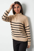Gebreide trui strepen met rits - beige zwart - SM