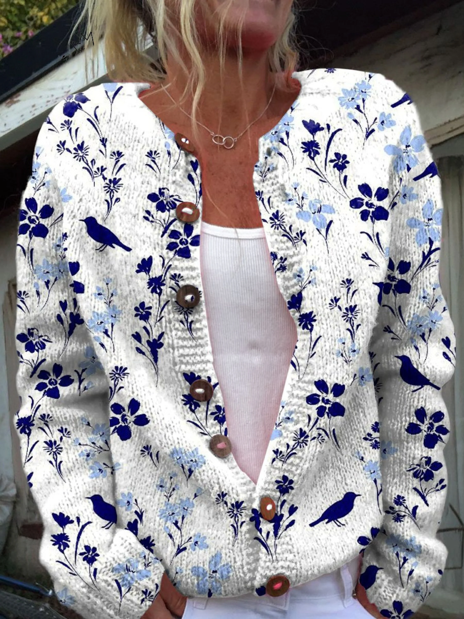 Vintage Flower Art Print Buttoned Cardigan Sweater