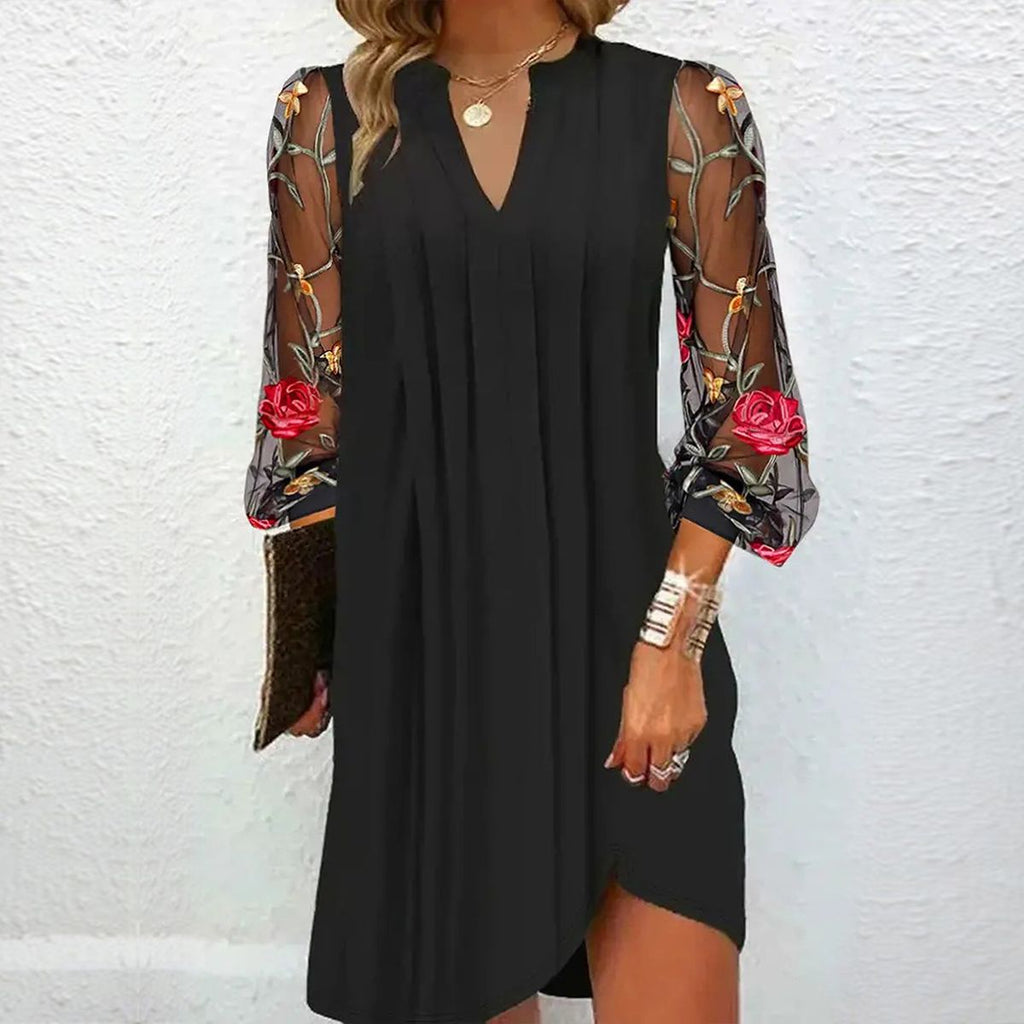 Flower- Elegant V-Neck Sheer Sleeve Mini Dress