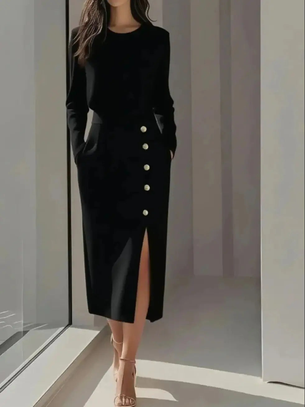 Jona- Elegant Midi Dress with Buttons