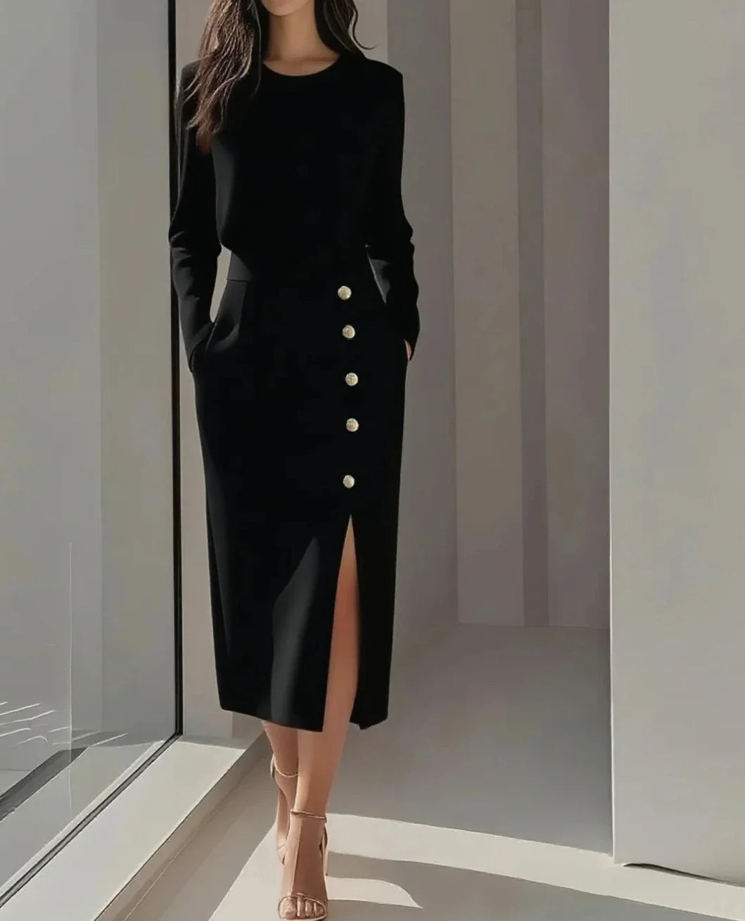 Jona- Elegant Midi Dress with Buttons