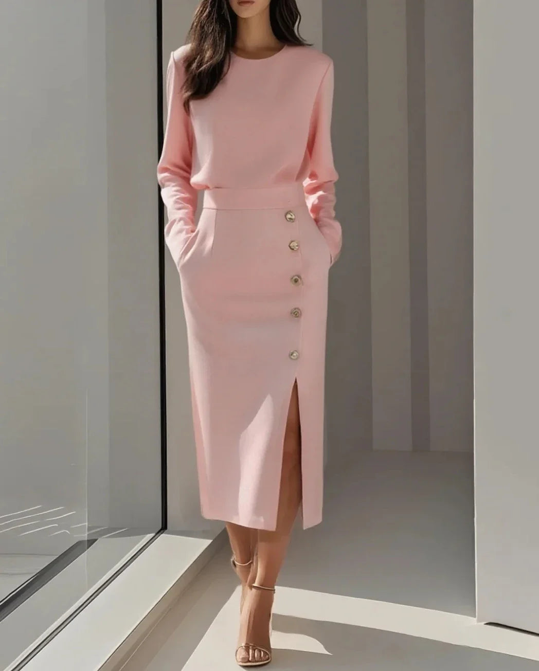 Jona- Elegant Midi Dress with Buttons