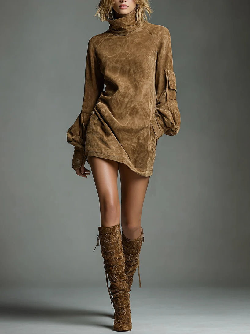 Verónica | Loose-Fit Suede Turtleneck Mini Dress