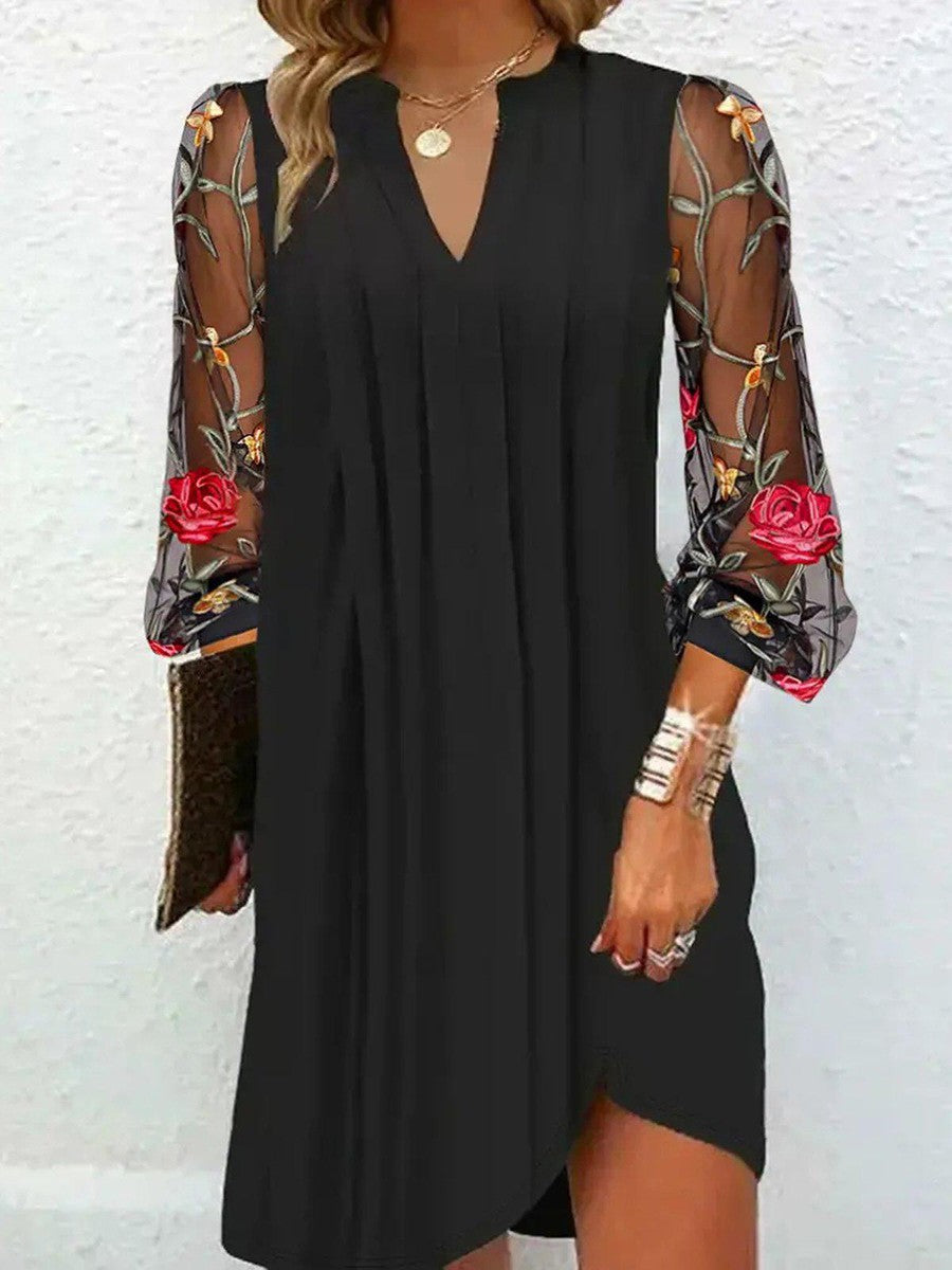 Flower- Elegant V-Neck Sheer Sleeve Mini Dress