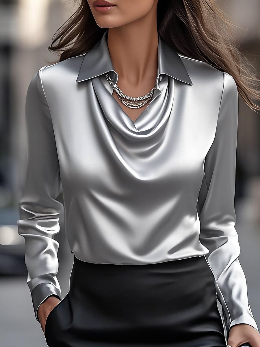 Elly- Elegant White Satin Blouse with Draped Neckline