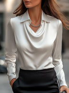 Elly- Elegant White Satin Blouse with Draped Neckline