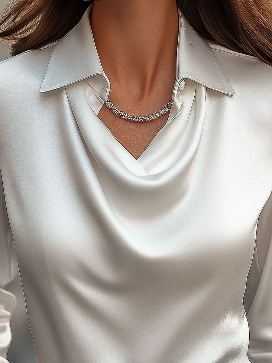 Elly- Elegant White Satin Blouse with Draped Neckline