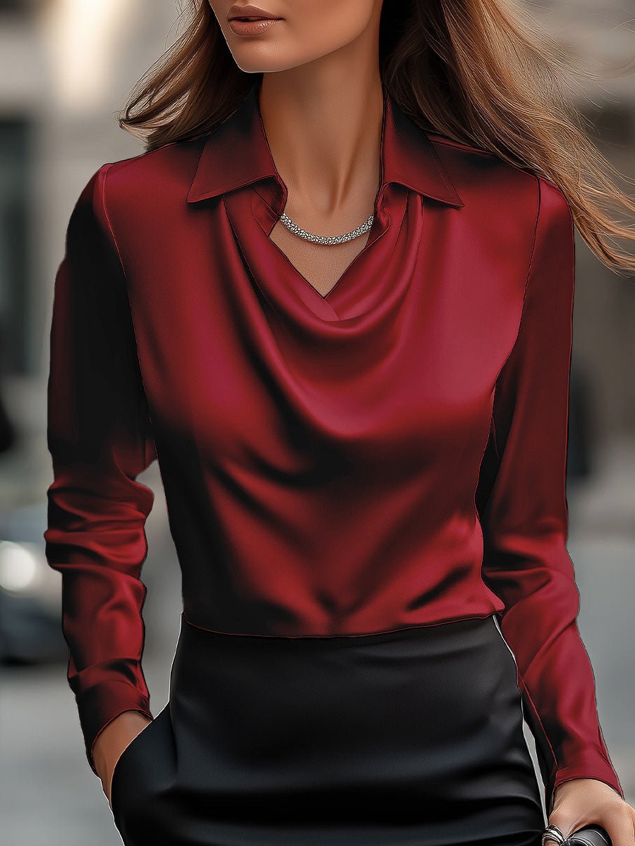 Elly- Elegant White Satin Blouse with Draped Neckline