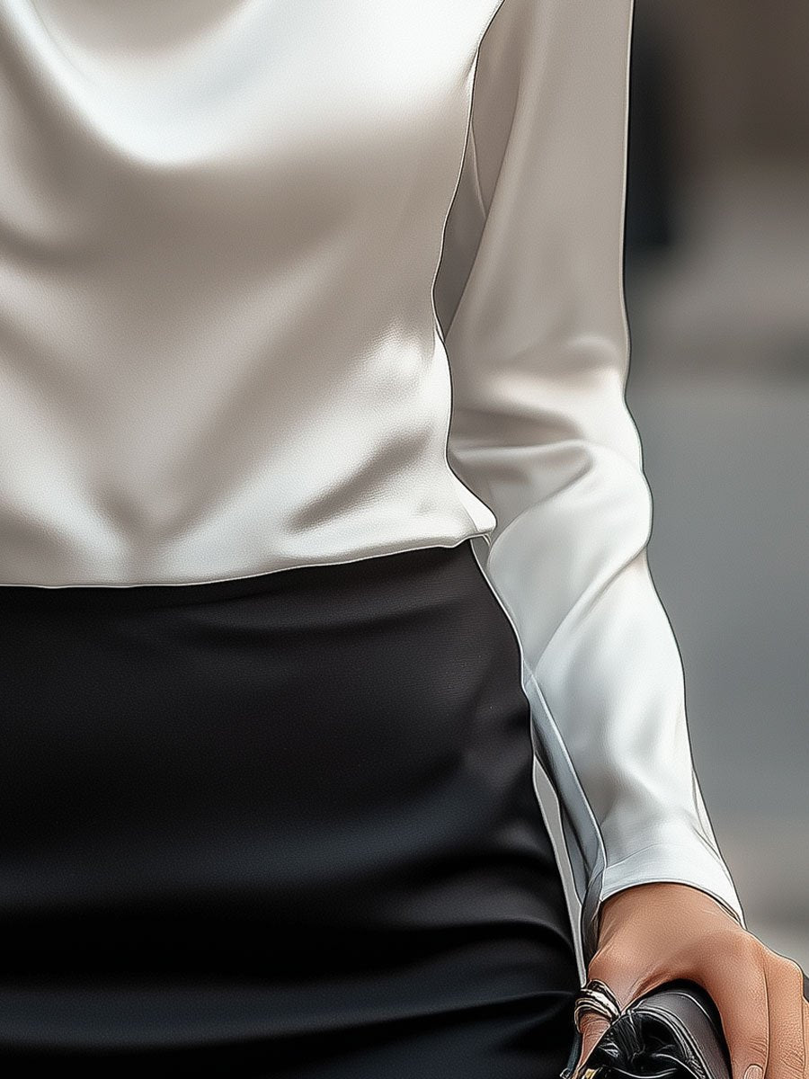 Elly- Elegant White Satin Blouse with Draped Neckline