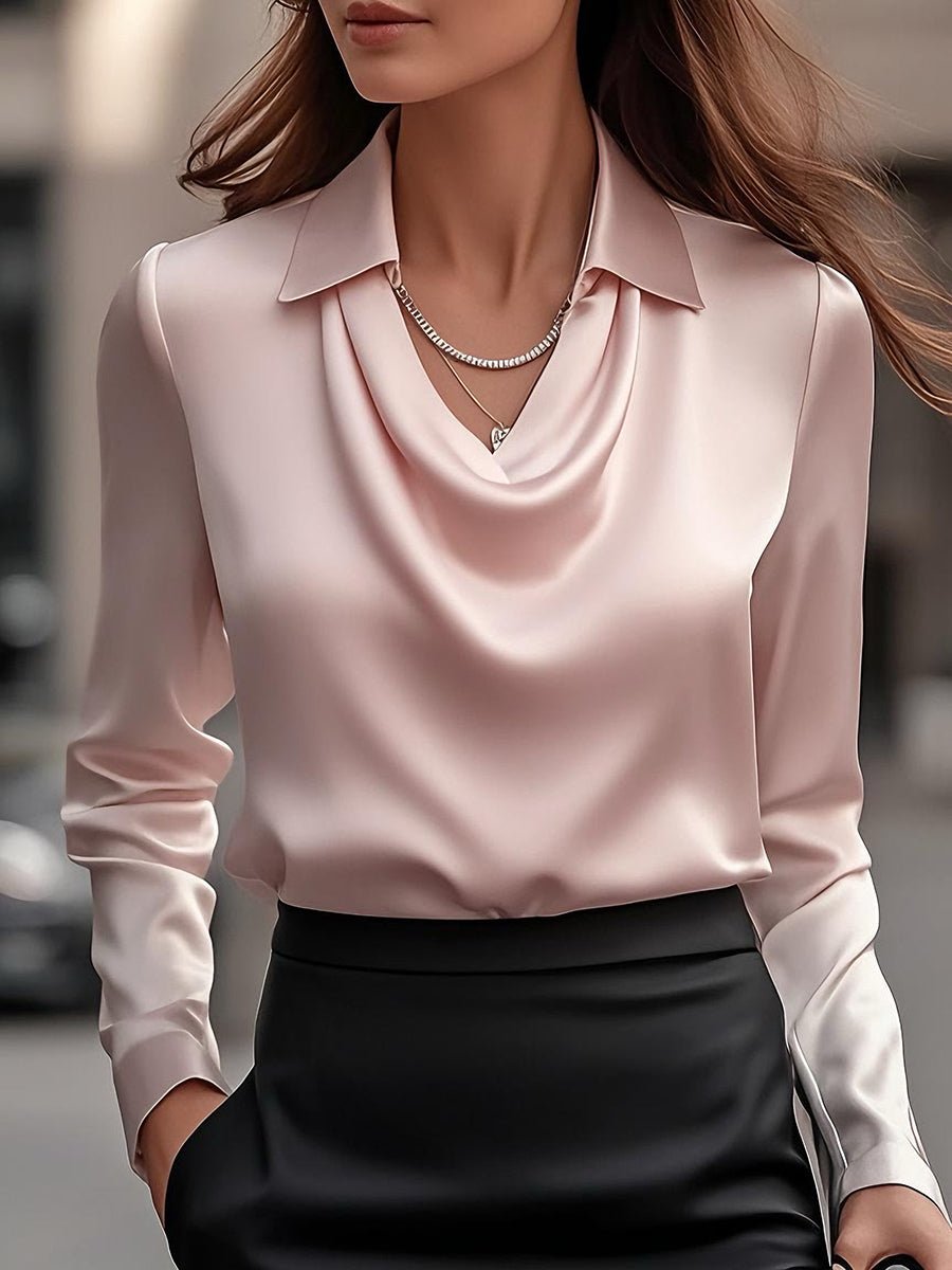 Elly- Elegant White Satin Blouse with Draped Neckline