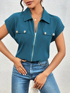 Alfano - Elegant Short Sleeve Blouse With Zipper