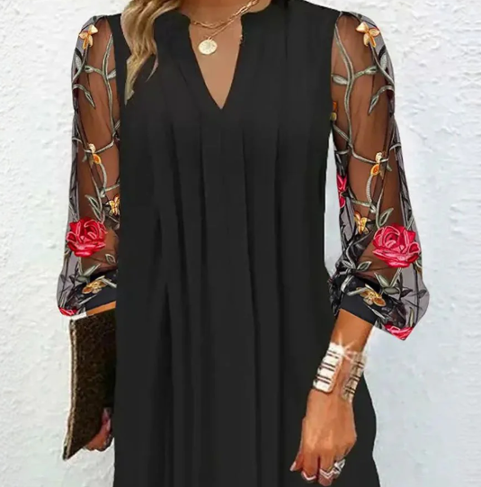 Flower- Elegant V-Neck Sheer Sleeve Mini Dress